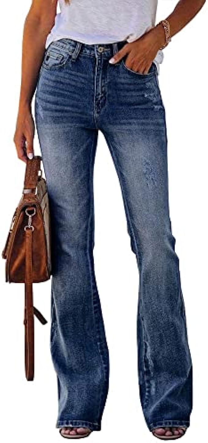 Koinshha Women's High Waist Wide Leg Bootcut Jeans Long Washed Stretch Tummy Control Denim Pants(Size 4-16)