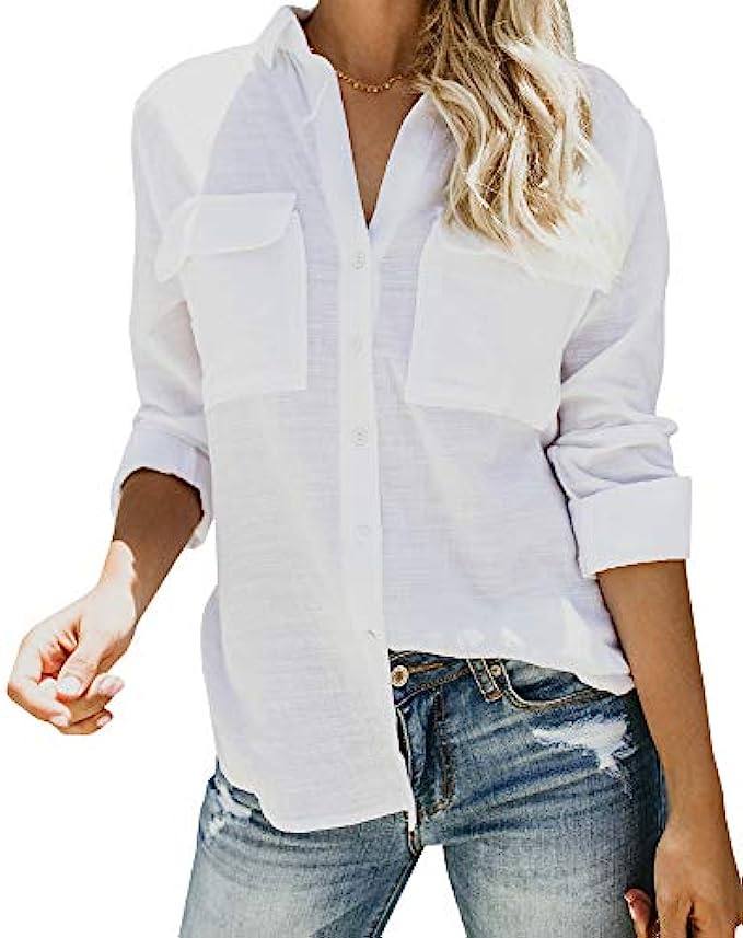 Womens Button Down V Neck Shirts Long Sleeve Blouse Roll Up Cuffed Sleeve Casual Work Plain Tops with Pockets