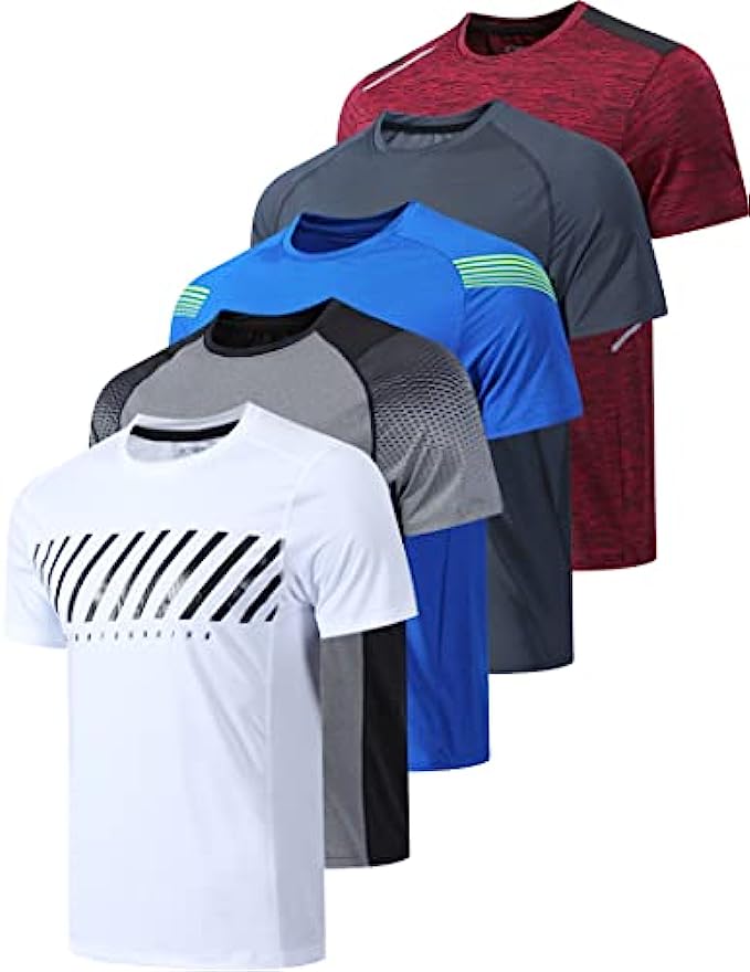 5 Pack Men’s Active Quick Dry Crew Neck T Shirts | Athletic Running Gym Workout Short Sleeve Tee Tops Bulk