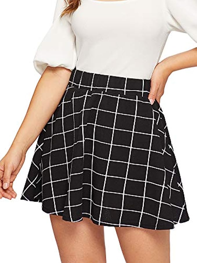 SheIn Women's Women's Basic Plaid Flared Mini Skater Skirt