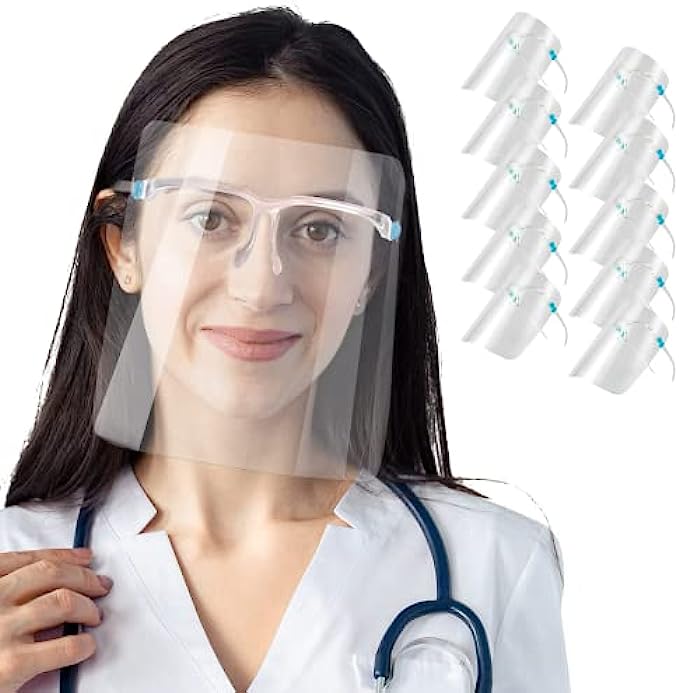 PANOPTX 10 Pack Safety Face Shields with Glasses Frame Anti-Fog Clear Face Shield Protective Full Face Shield Mask for Daily Use
