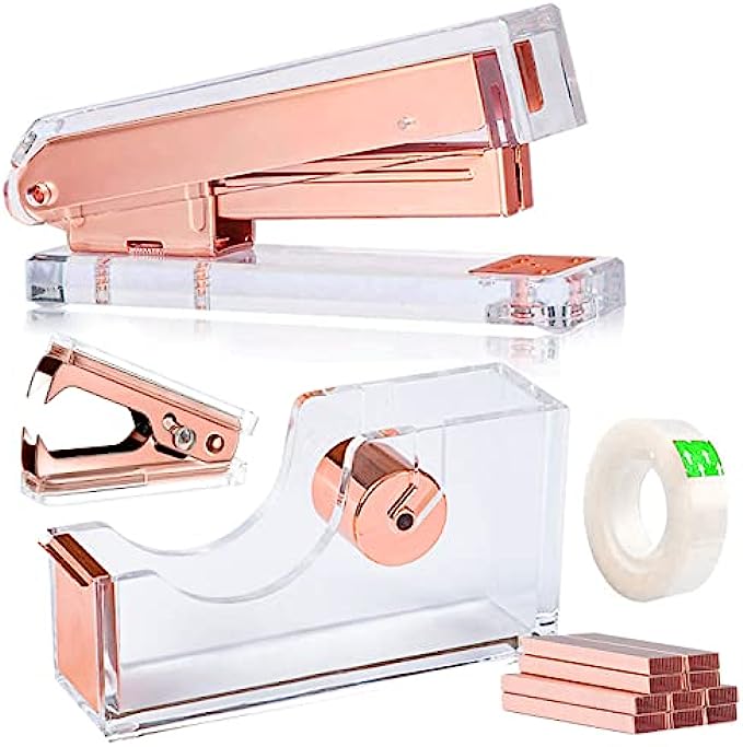 Acrylic Rose Gold Tape Dispenser Desktop Stapler, Acrylic Office Supplies Includes Staple Remover, Tape, 1000pcs Staples Desk Accessory Kit, Modern Clear Stationery Kit for Everyday Office Needs