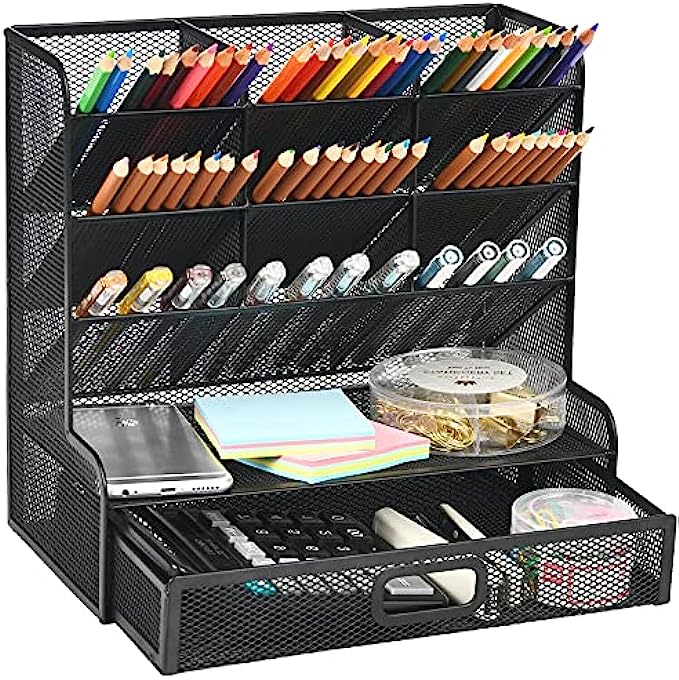 Marbrasse Mesh Desk Organizer, Multi-Functional Pen Holder, Pen Organizer for desk, Desktop Stationary Organizer, Storage Rack for School Home Office Art Supplies (Black Mesh Pen Holder with Drawer)