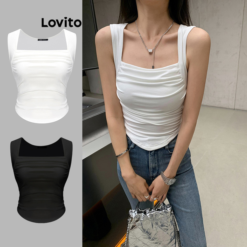 Lovito Casual Plain Ruched Hanky Hem Tank Top for Women L62ED045 (White/Black)