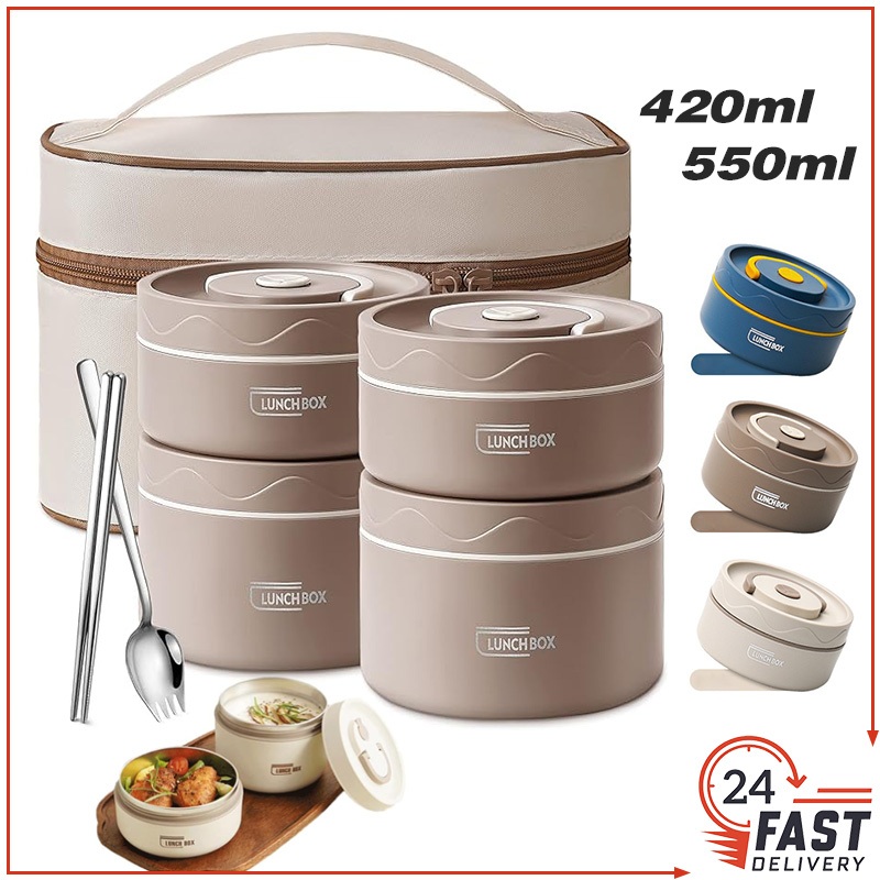 【SG Stock✅】Microwaveable 304 Stainless Steel Lunch Box Round Insulated Food Storage Box Sealed Thermos Food Container